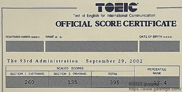管理人が外資系一社目で受験したTOEICの点数。395点と低かった事が分かる。