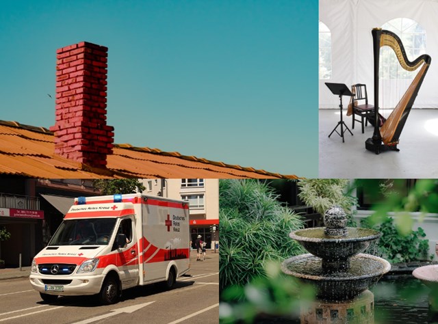 英語脳を確認するための写真。chimney, harp, fountain, ambulanceが写っている。